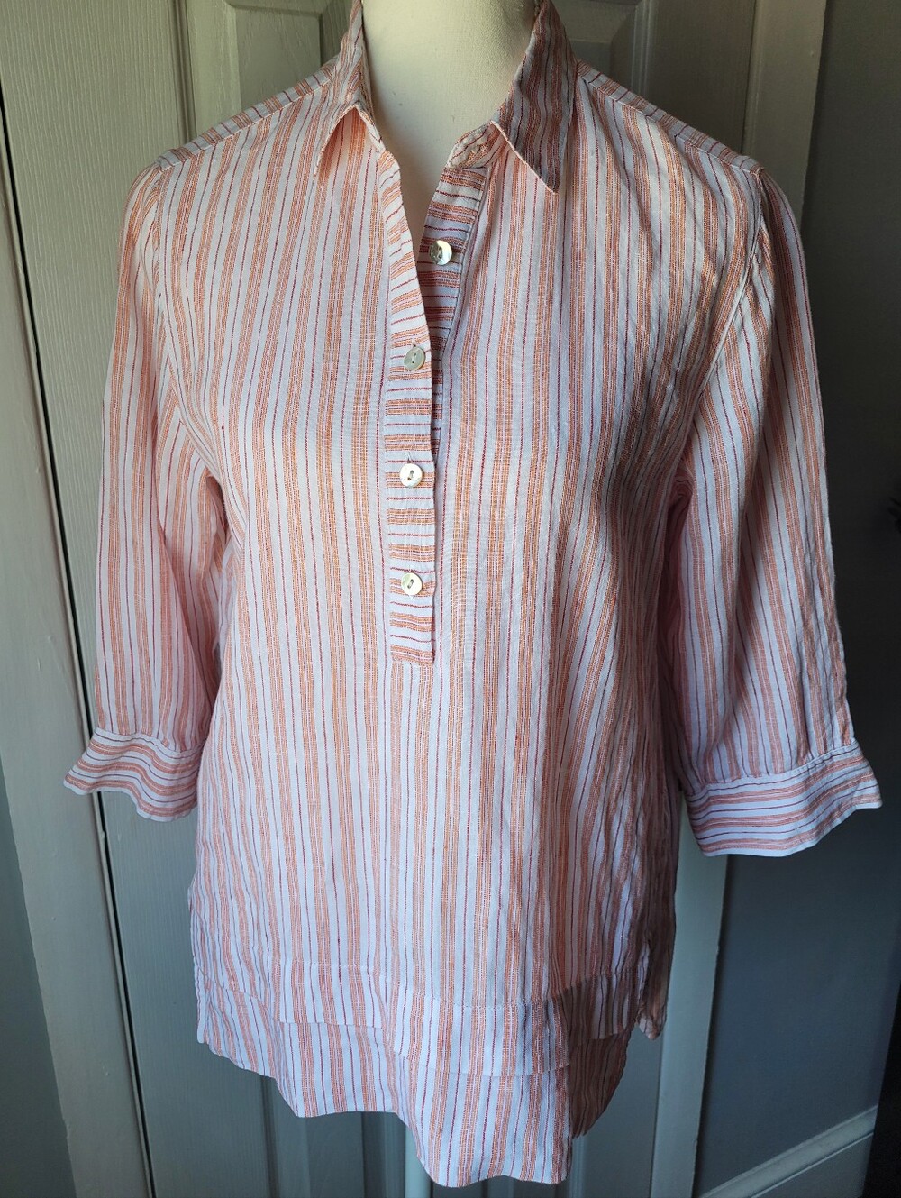 J. Jill Love Linen 100% Linen Striped Tunic Top XS Petite Coral Orange White